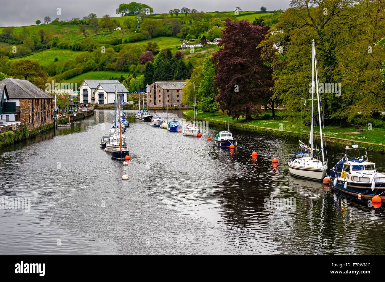 Barche ormeggiate sul tranquillo fiume Dart a Totnes circondato dalla splendida campagna fornire macchie di colore su un giorno opaco Foto Stock