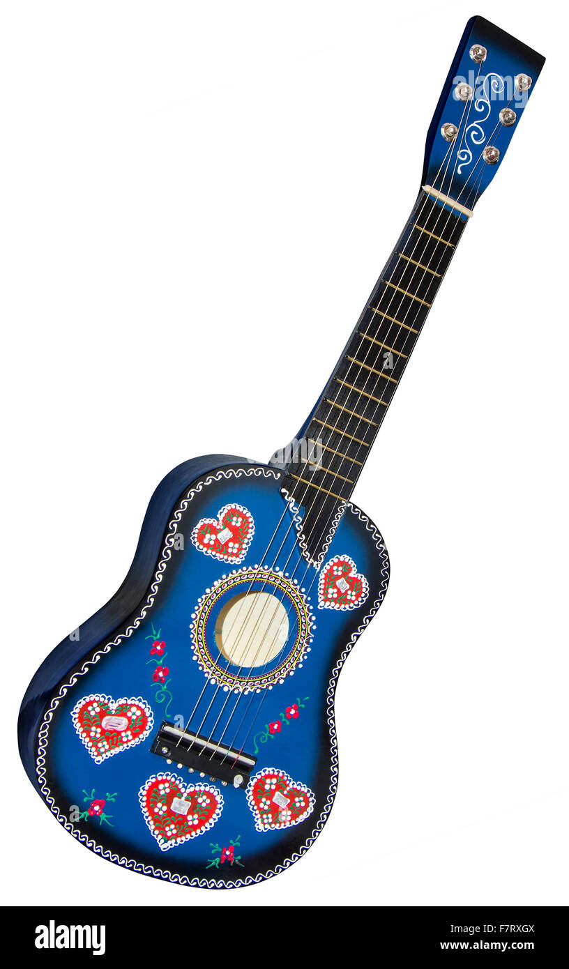 Chitarra blu-giocattolo dipinte con tradizionali decorazioni croato isolato su sfondo bianco con tracciato di ritaglio Foto Stock