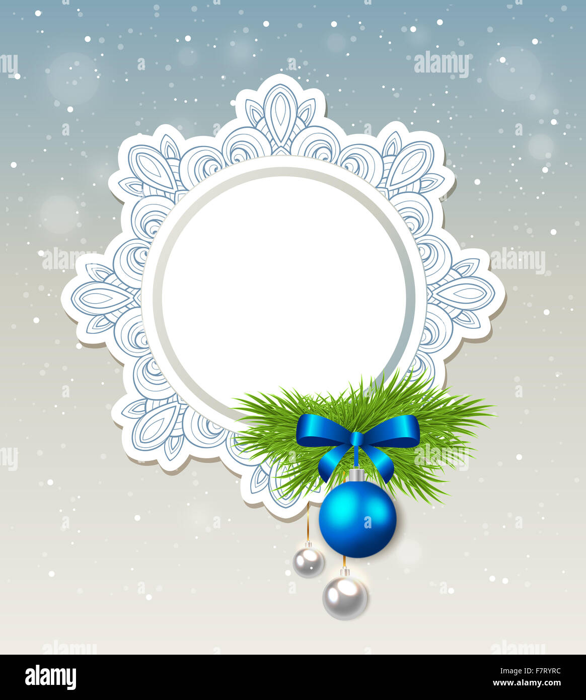 Natale decorativi banner con verde ramo di abete e decorazione blu Foto Stock