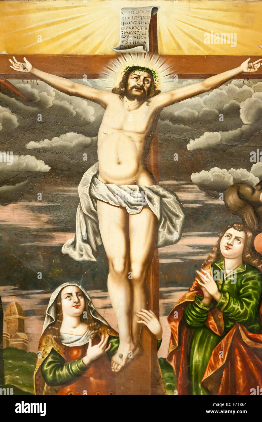 Chiesa Apostolica Armena, murale, scena del Nuovo Testamento, la crocifissione di Gesù, Cattedrale Vank, Jolfa o nuova Julfa Foto Stock