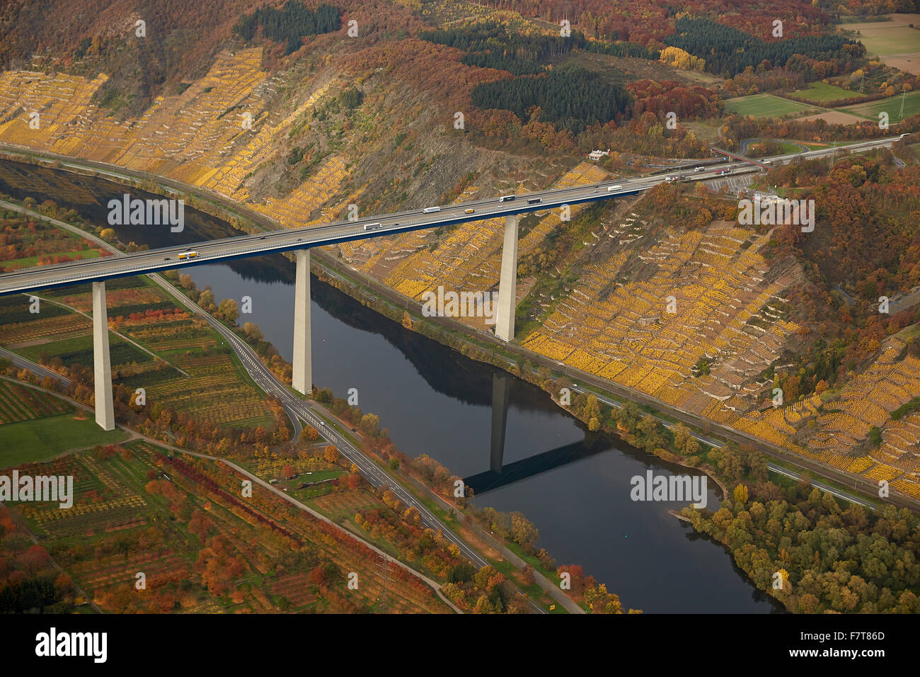 Ponte dell'autostrada A61 oltre la Mosella in Winningen, Renania-Palatinato, Germania Foto Stock
