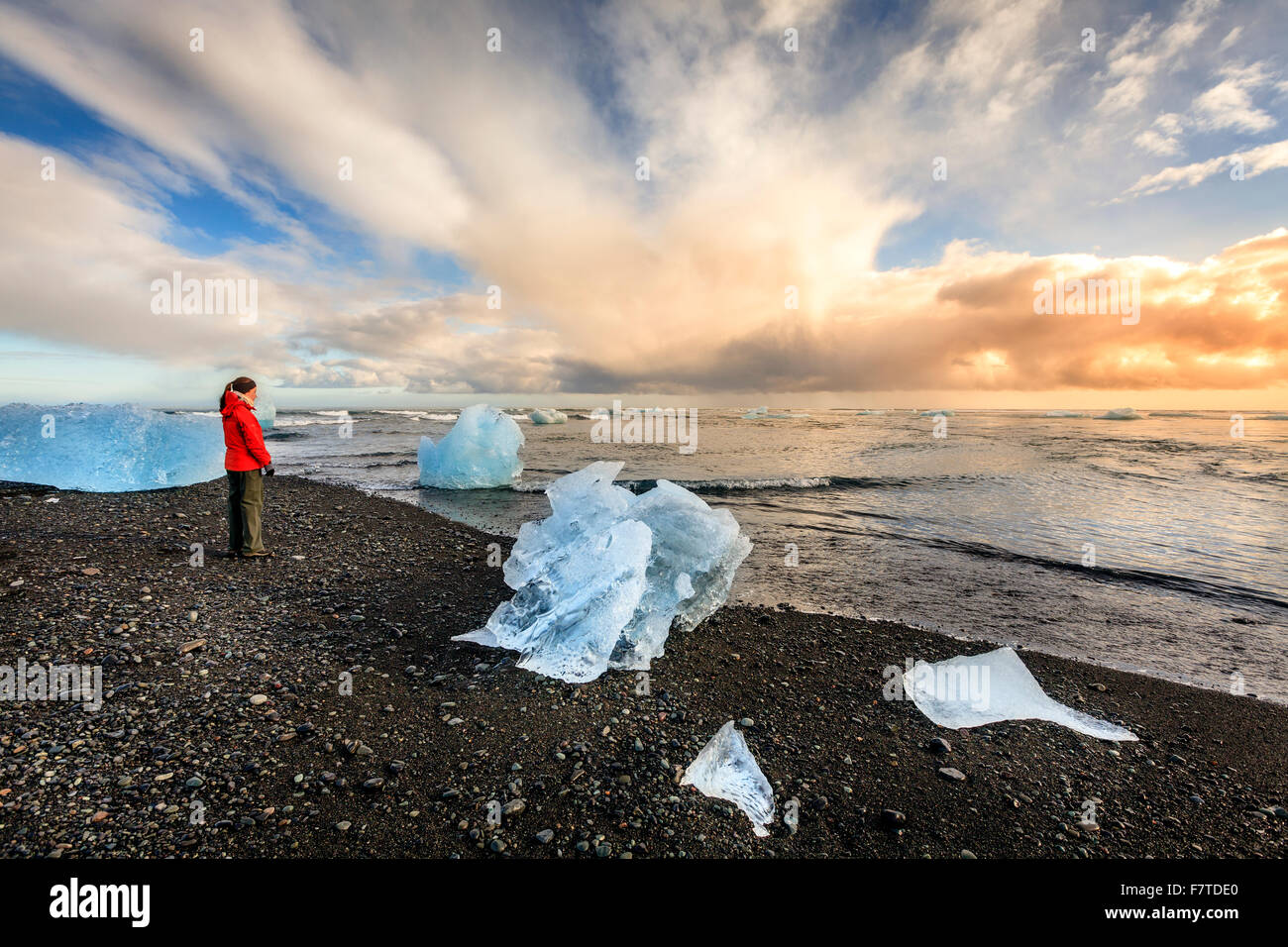Tourist si erge tra i pezzi di ghiaccio su una spiaggia a sud dell'Islanda Foto Stock