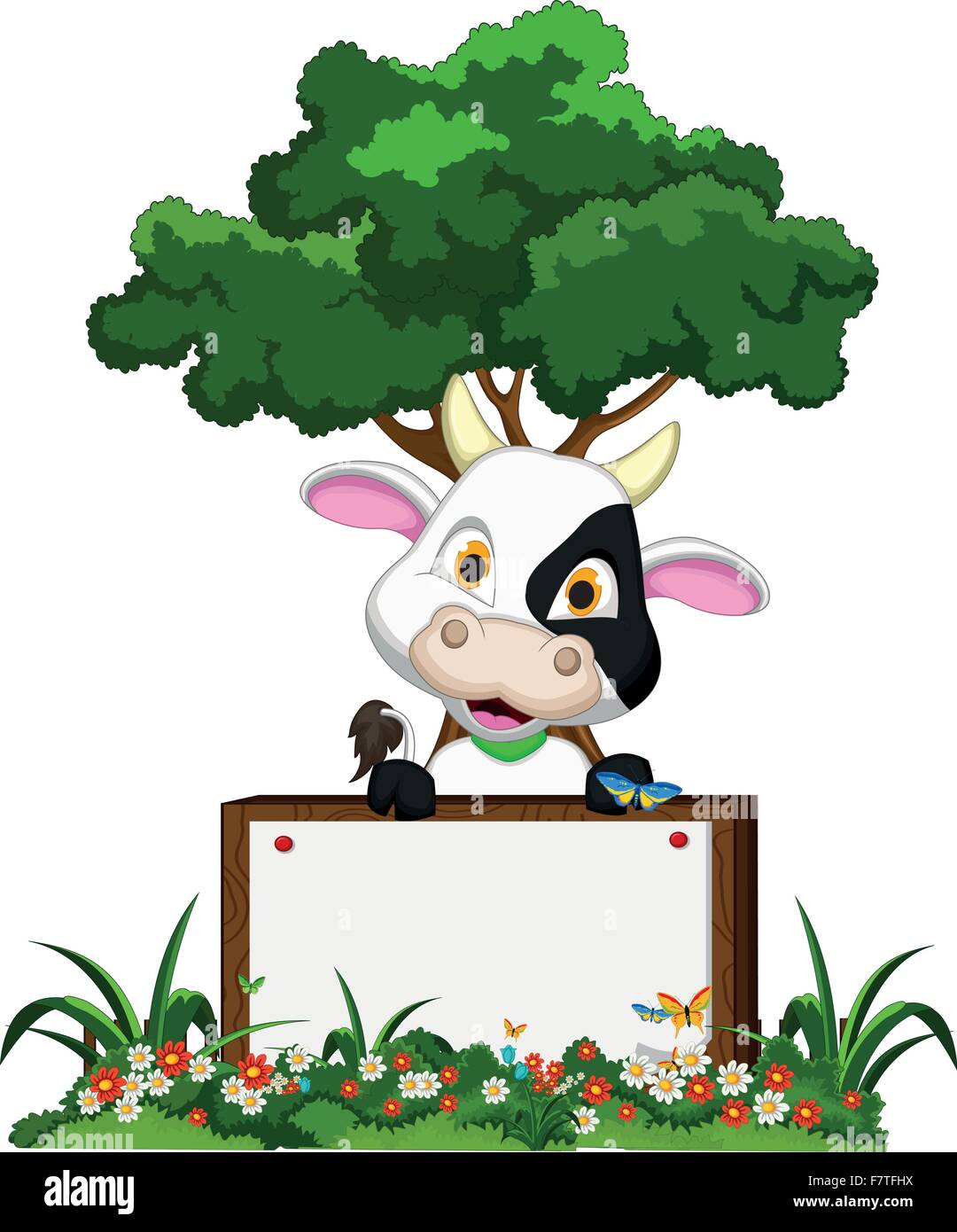 Simpatico cartoon vacca sul giardino fiorito con blank board Illustrazione Vettoriale