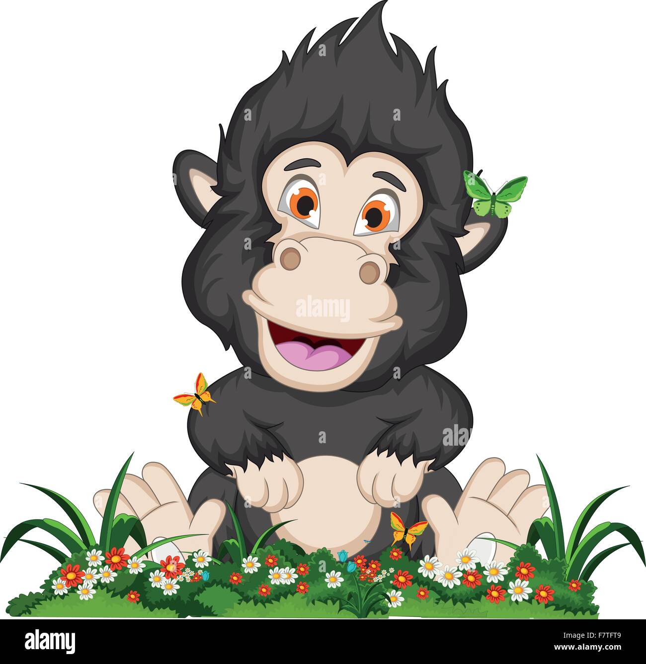 Cartoon gorilla seduto sul giardino di fiori Illustrazione Vettoriale