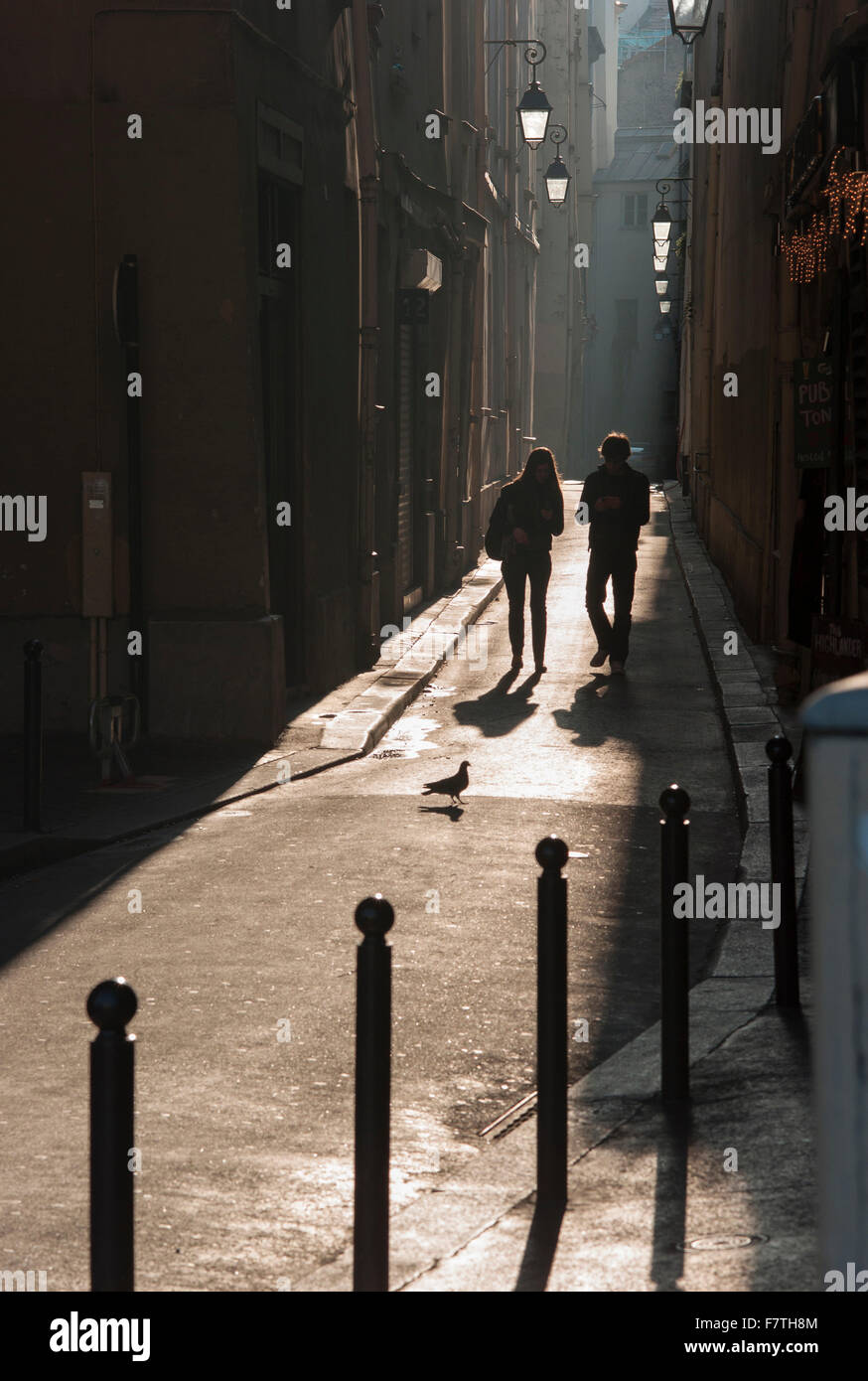 Francia, Parigi, coppia giovane camminando giù per una strada stretta sulla riva sinistra Foto Stock