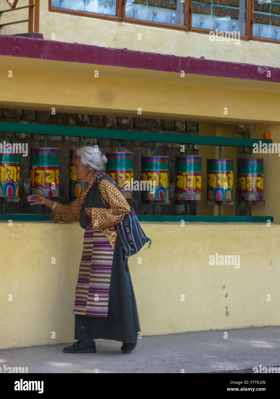 Donna fila di rotazione delle ruote di preghiera al monastero di Dharamsala in India Foto Stock