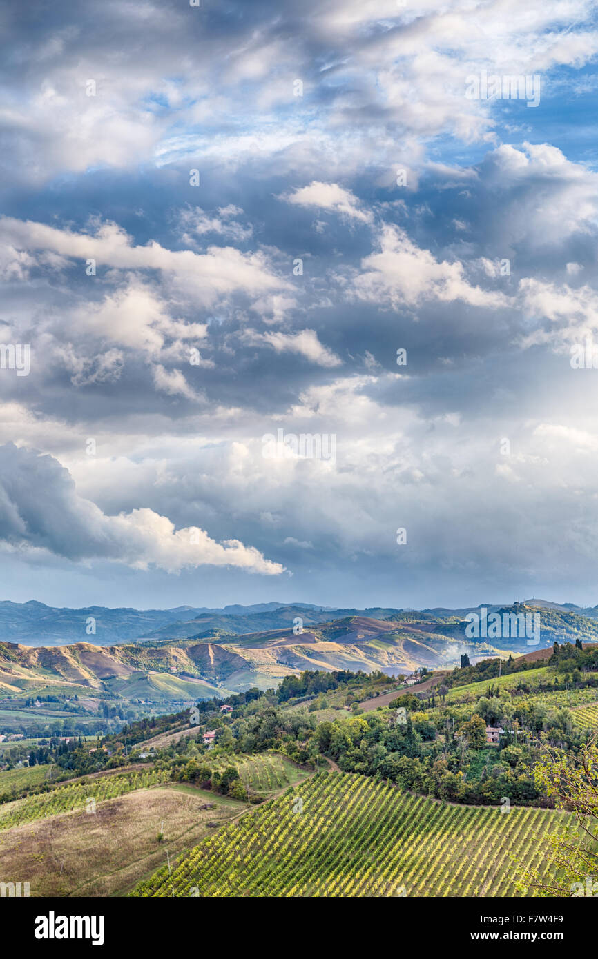 Armoniosa serenità della natura e agricoltura sulle pendici dell'Appennino romagnolo, campi coltivati, orti e creste decorate con pini e cipressi Foto Stock