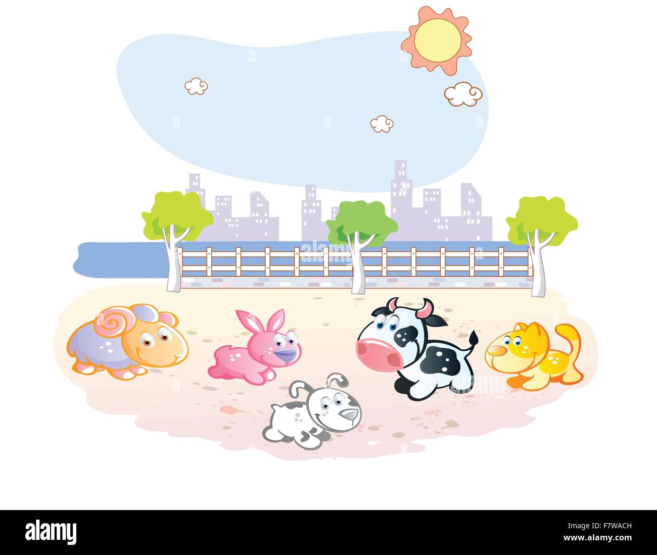 Gli animali della fattoria cartoon presso il parco Illustrazione Vettoriale