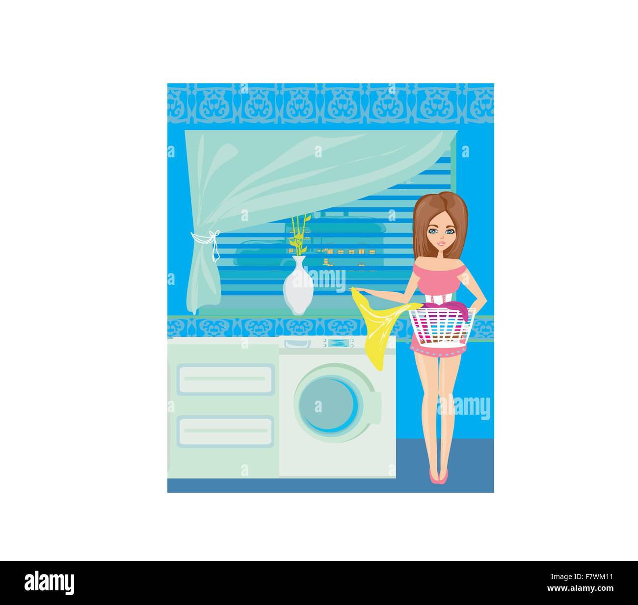 Casalinga nella moderna cucina blu Illustrazione Vettoriale