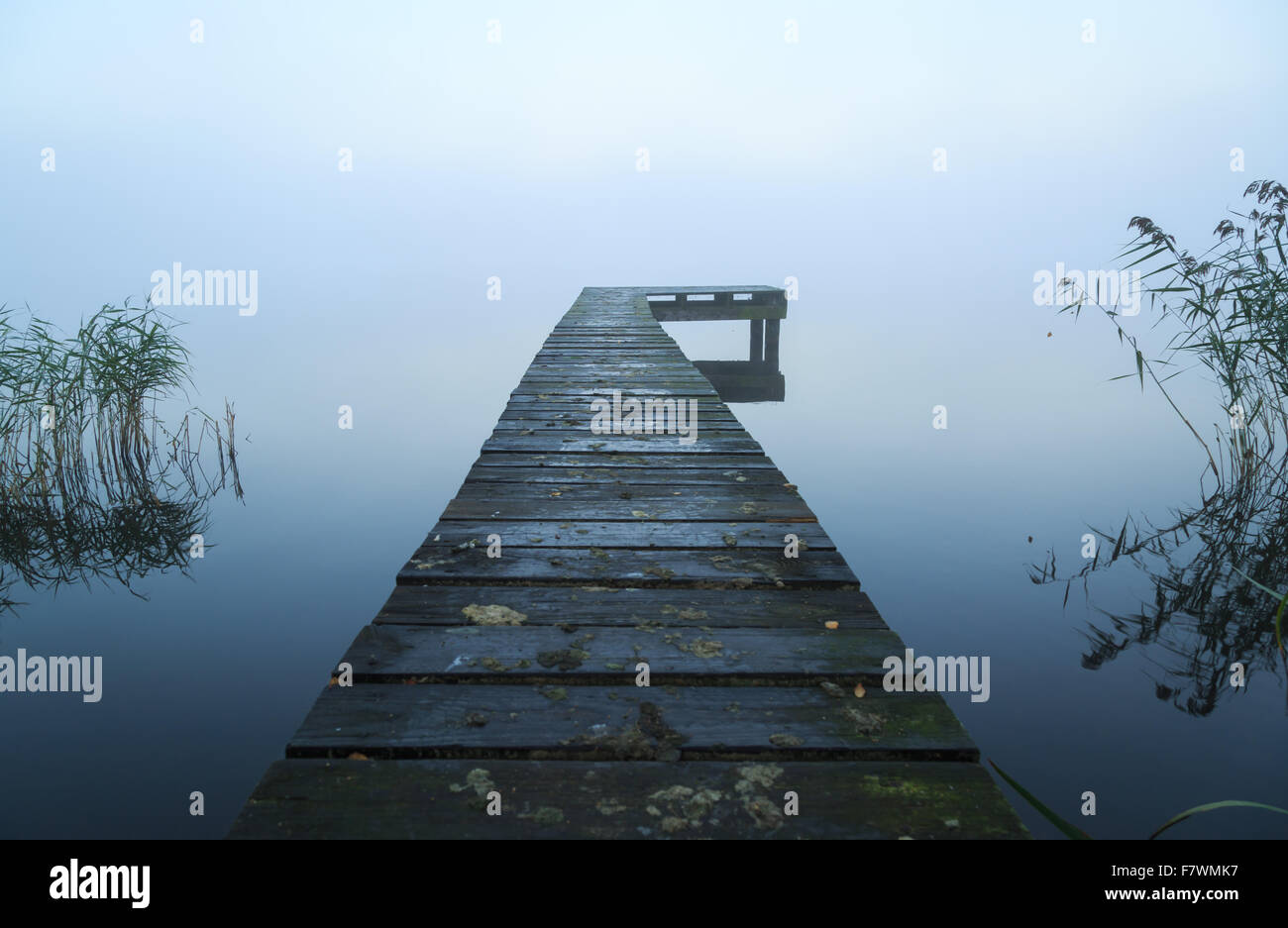 Chiusura del vecchio pontile in legno in della nebbia d'autunno. Foto Stock