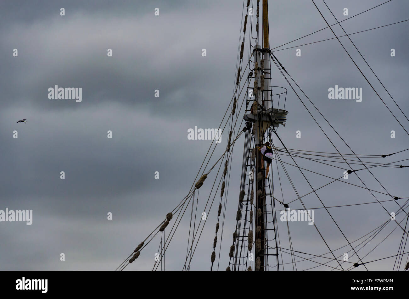 Una donna che sale l'albero di una nave a vela in condizioni di tempo nuvoloso scuro in Australia Foto Stock