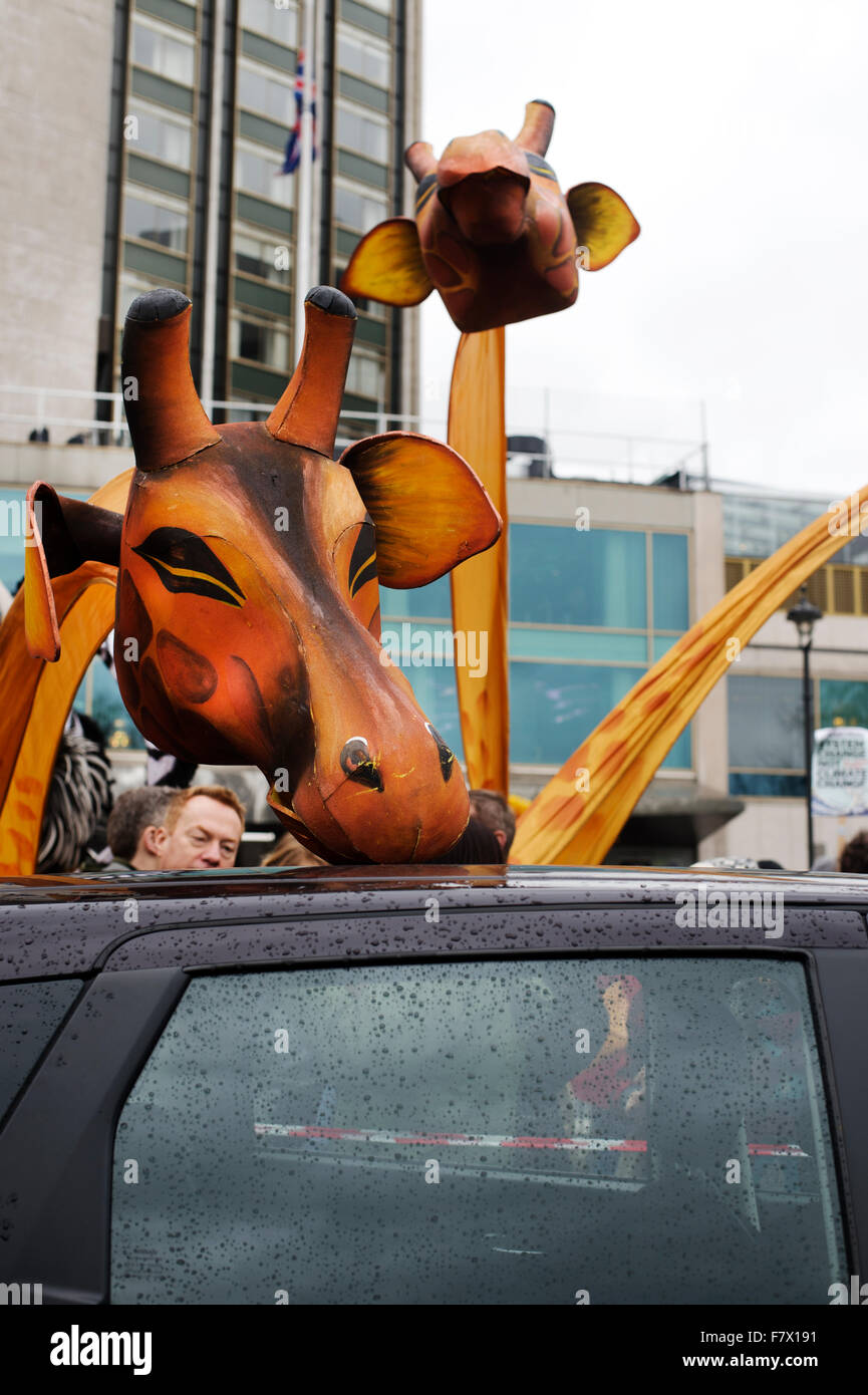 Marzo a demand leader globale di prendere provvedimenti per combattere il cambiamento climatico.due giraffe passare il puntatore del mouse su una macchina Foto Stock