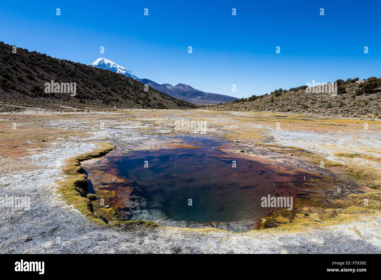 Geyser andina. Junthuma geyser, formata da attività geotermica. Bolivia. Le piscine termali consentono un sano e bagno termale f Foto Stock