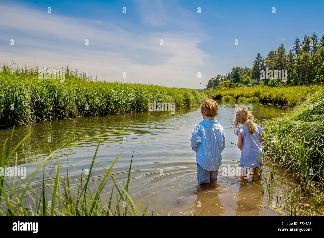 Un ragazzo e una ragazza camminare nel fiume Foto Stock