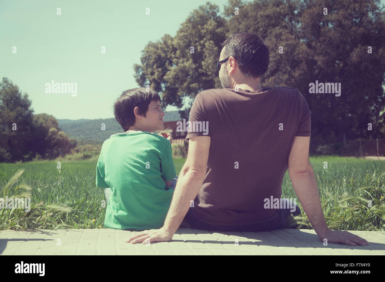 Vista posteriore del padre e figlio seduti sulla terrazza Foto Stock