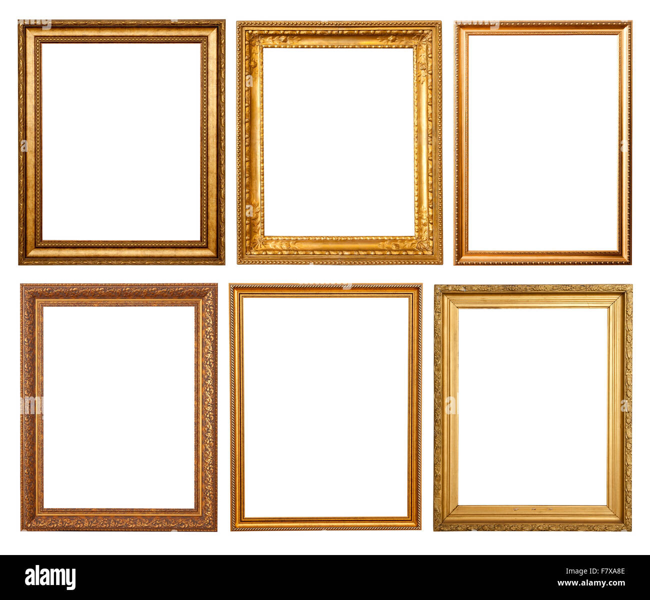 Set di 6 telai d'oro. Isolato su sfondo bianco Foto Stock