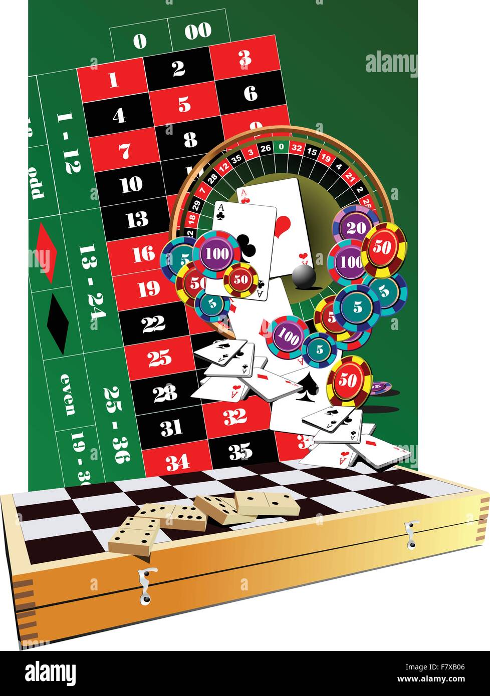 Tavolo di roulette del casinò, elementi e scacchiera Illustrazione Vettoriale