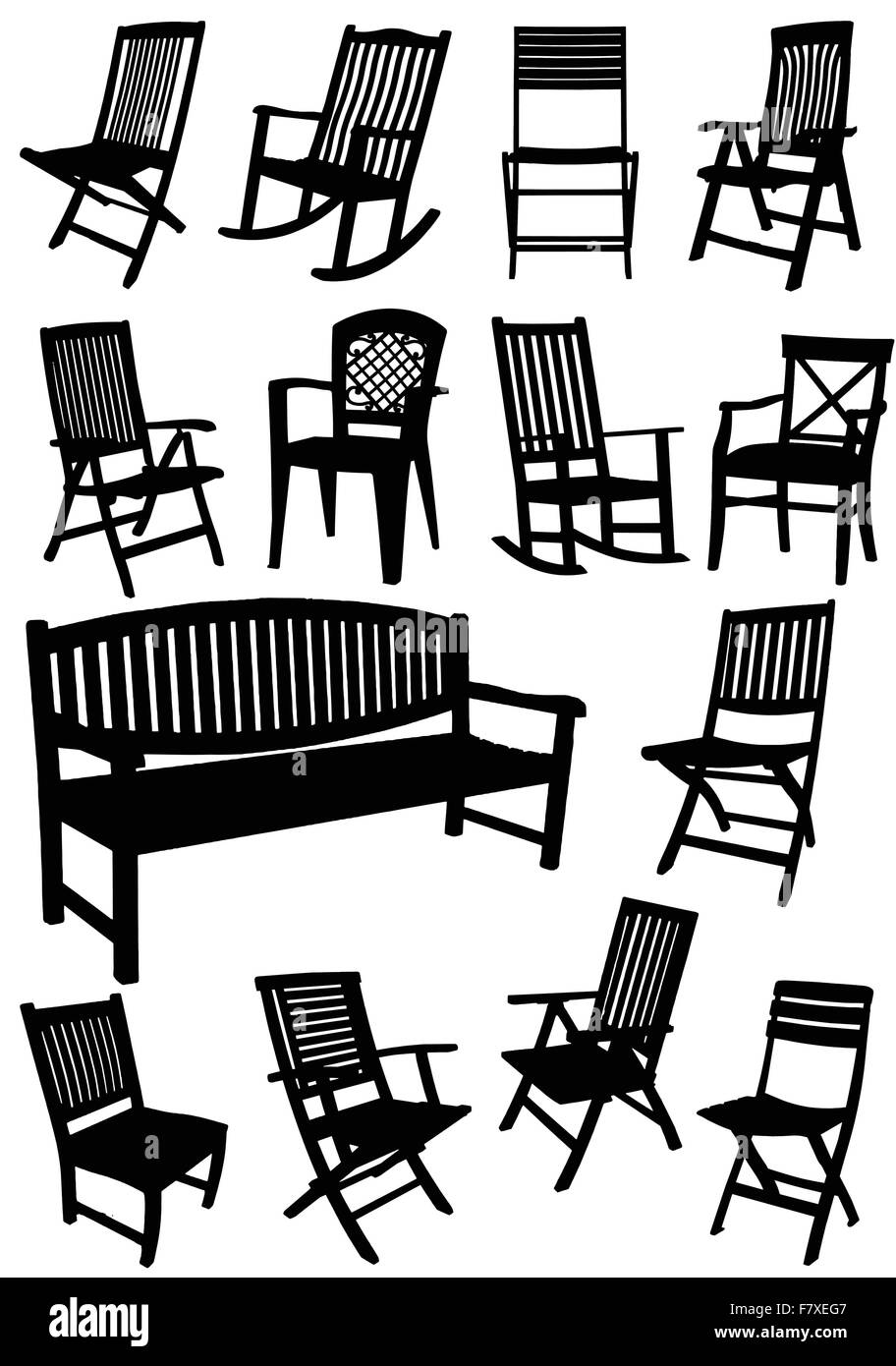Collezione di sedie da giardino e panche silhouette. Vector illu Illustrazione Vettoriale