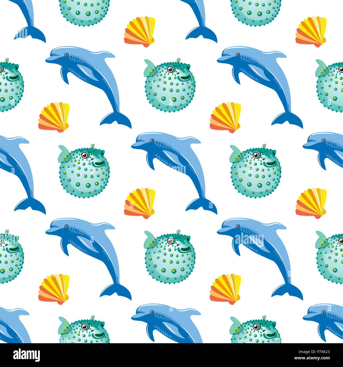 Seamless pattern tropicale con spettacoli di delfini e pesci corallo a sfera. Illustrazione Vettoriale Illustrazione Vettoriale