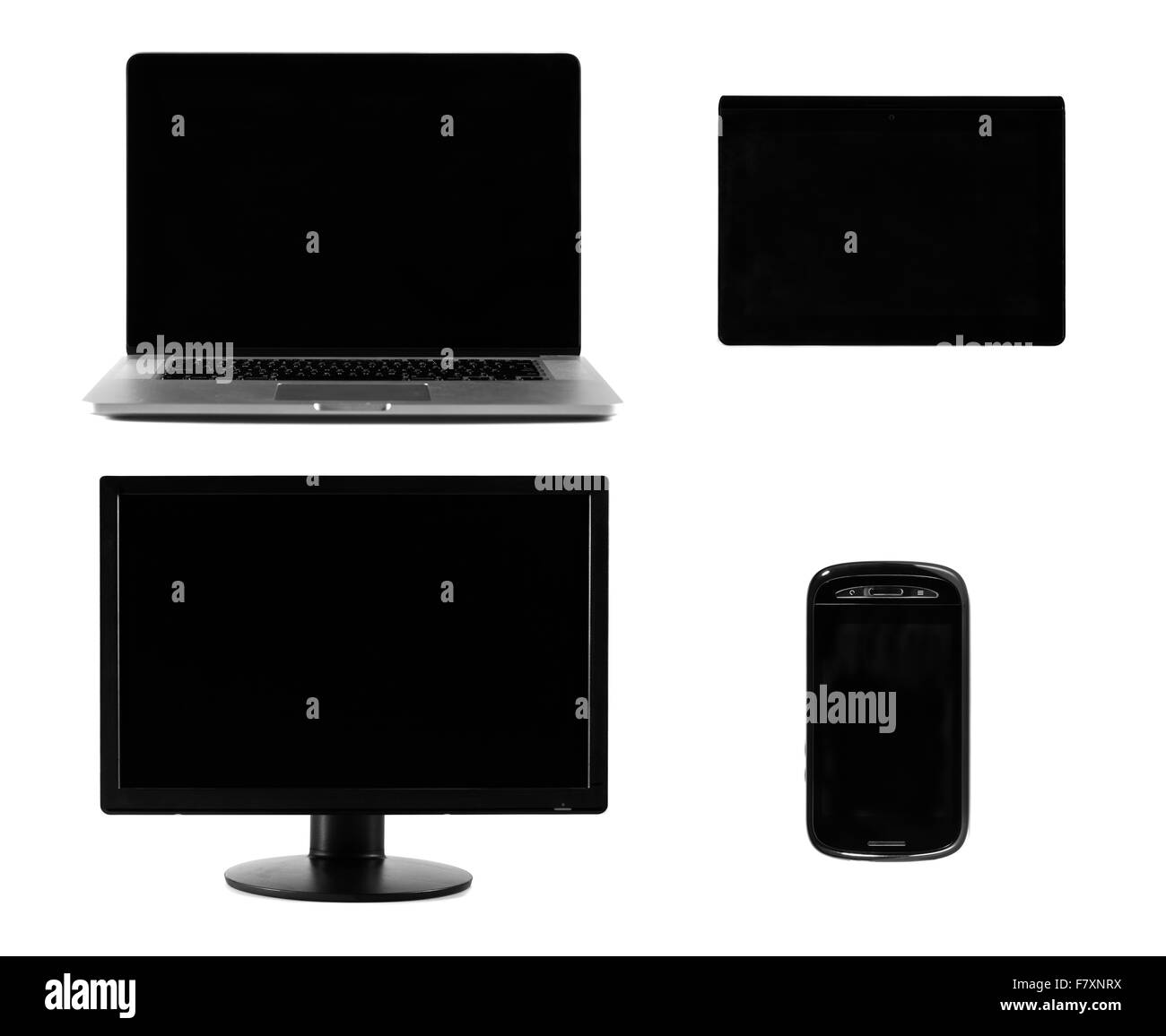 Schermo nero di un laptop, telefono, schermo di computer e Tablet isolati su sfondo bianco Foto Stock
