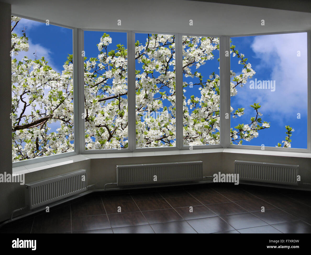Metallo-plastico di finestre che si affacciano sul giardino con fioritura ciliegio Foto Stock