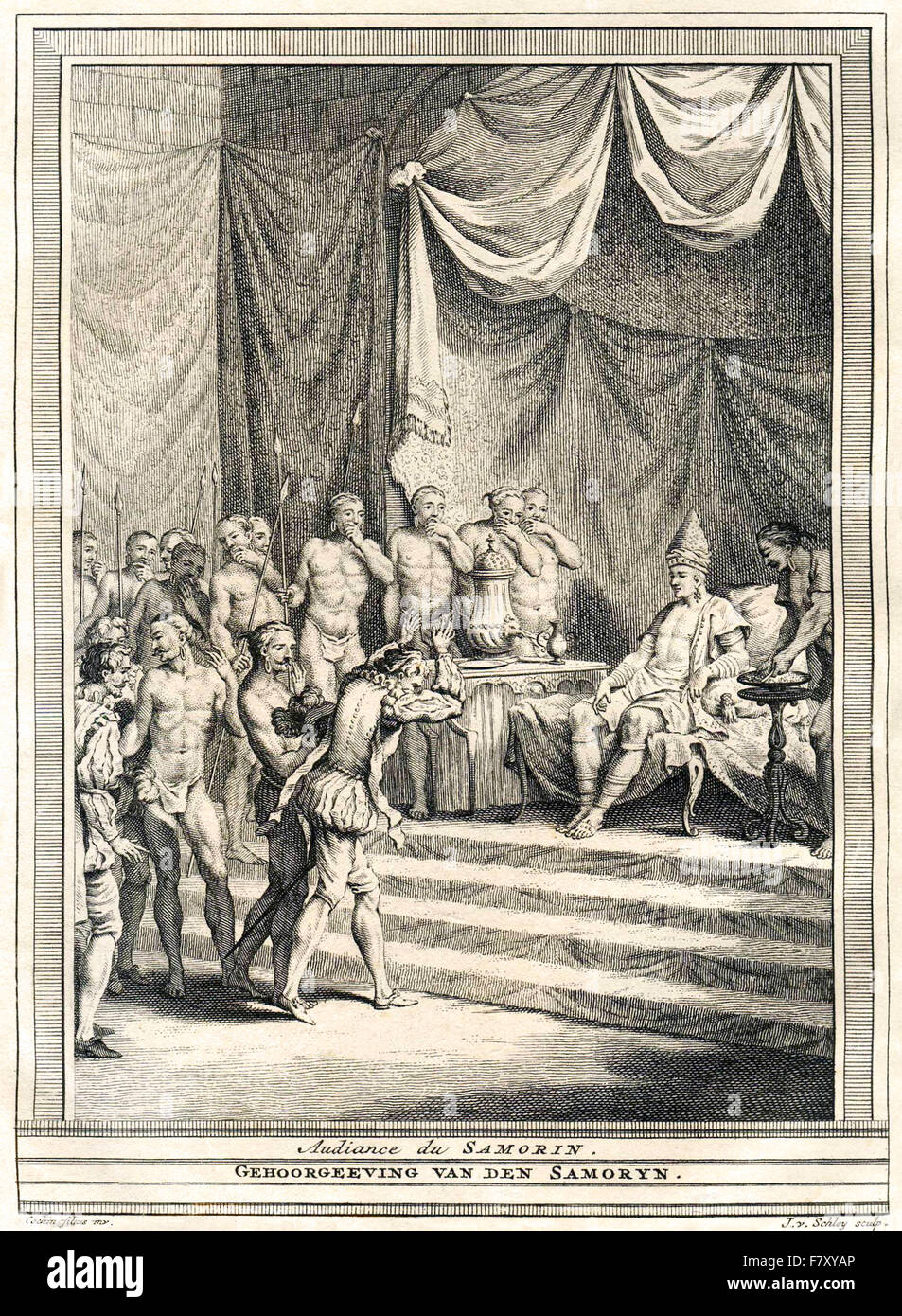 Vasco da Gama (1460-1524) l'esploratore portoghese incontra il re di Calicut (Zamorin) nel 1498. Foto Stock