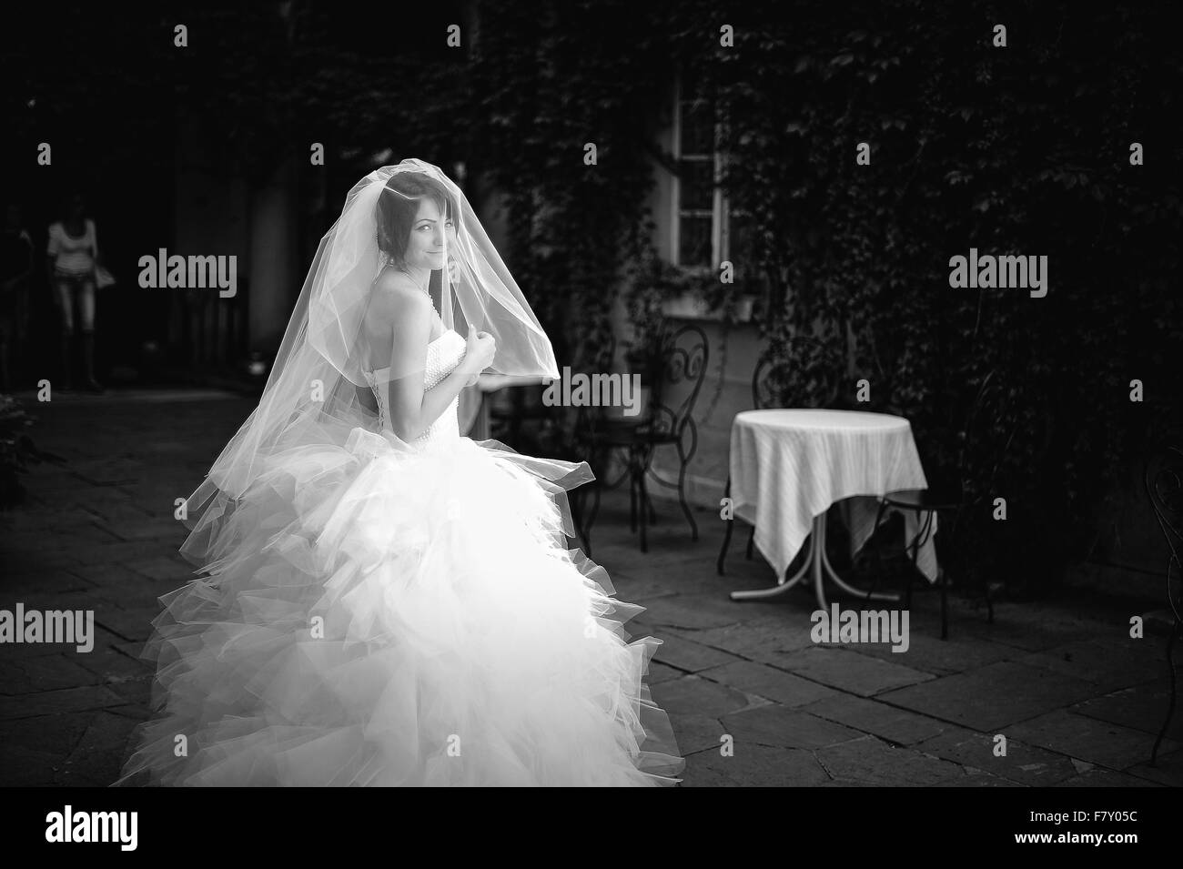 Bruna giovane sposa sotto il velo, ritratto in bianco e nero Foto Stock