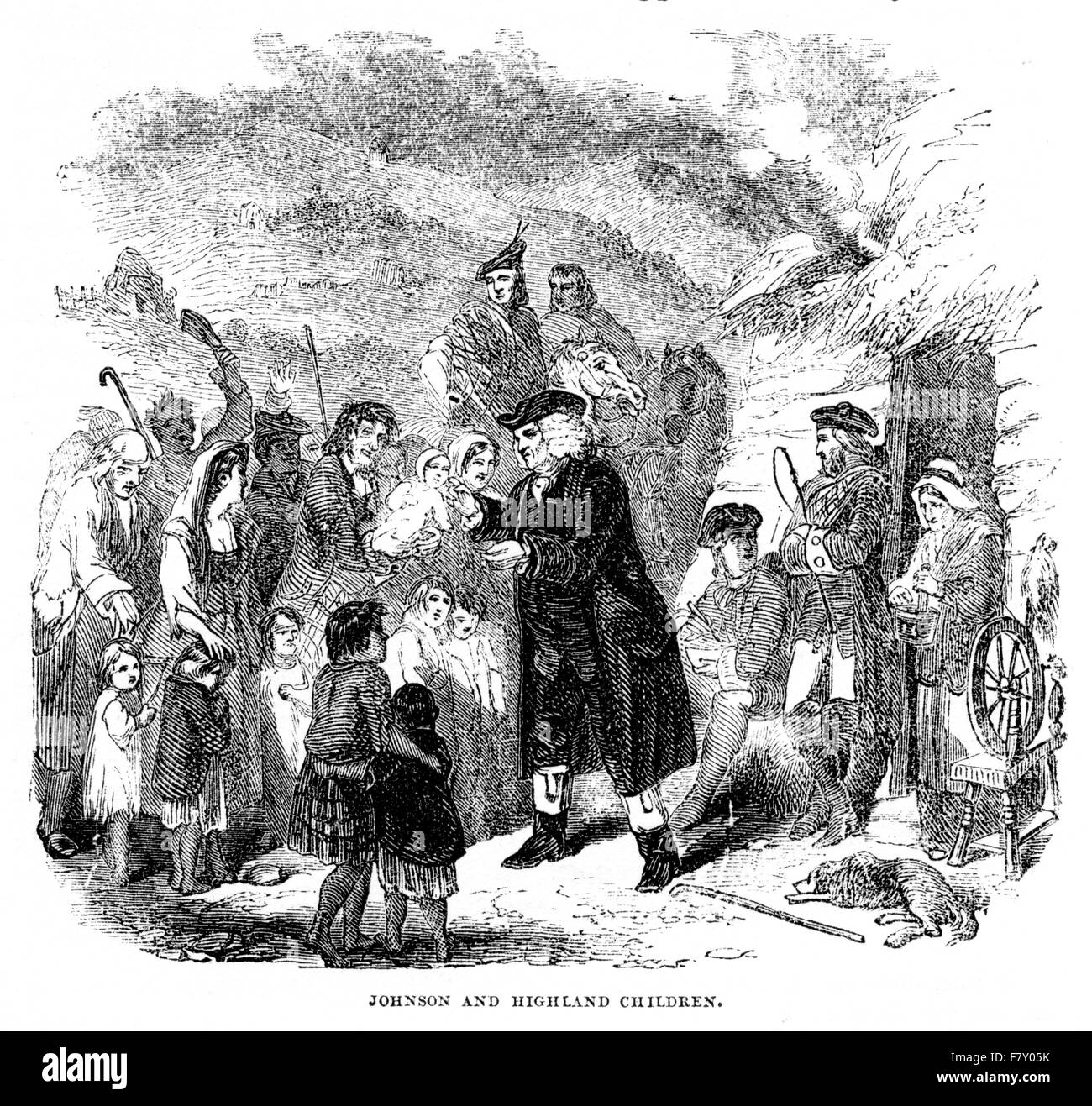 Un'incisione del Dottor Johnson e dei bambini di Highland scannerizzata ad alta risoluzione da un libro stampato in 1852. Ad Achnashellach. Creduto libero da copyright. Foto Stock