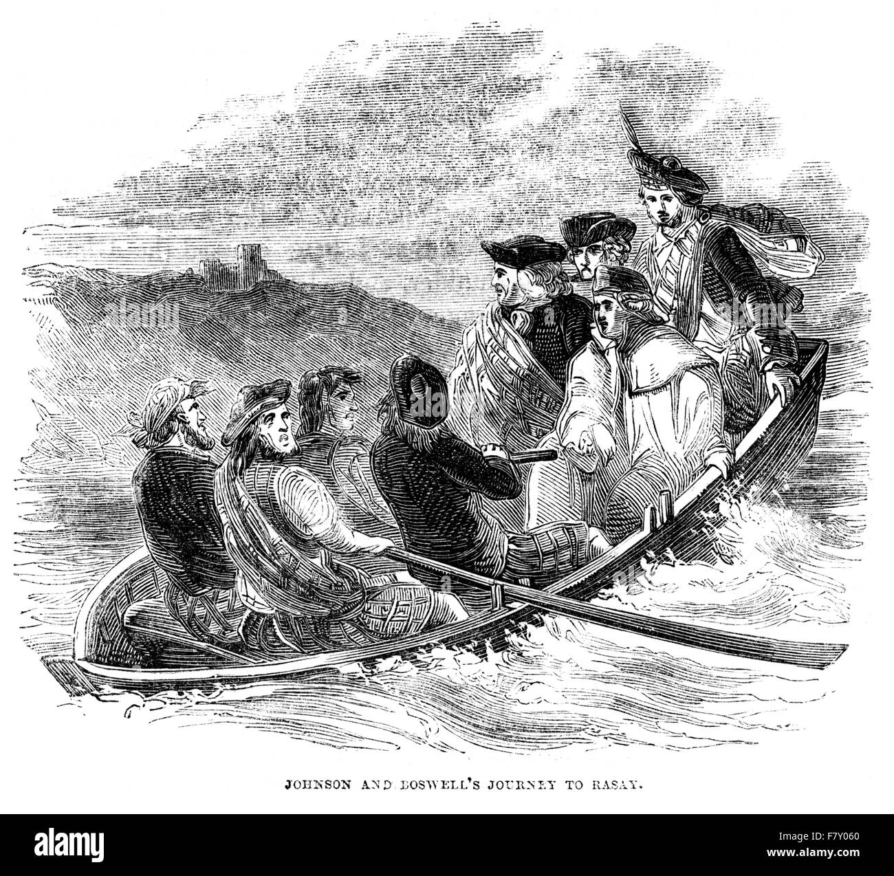 Incisione del viaggio del Dottor Johnson & James Boswell a Rasay (Raasay) scansionato ad alta risoluzione da un libro stampato nel 1852. Creduto libero da copyright. Foto Stock