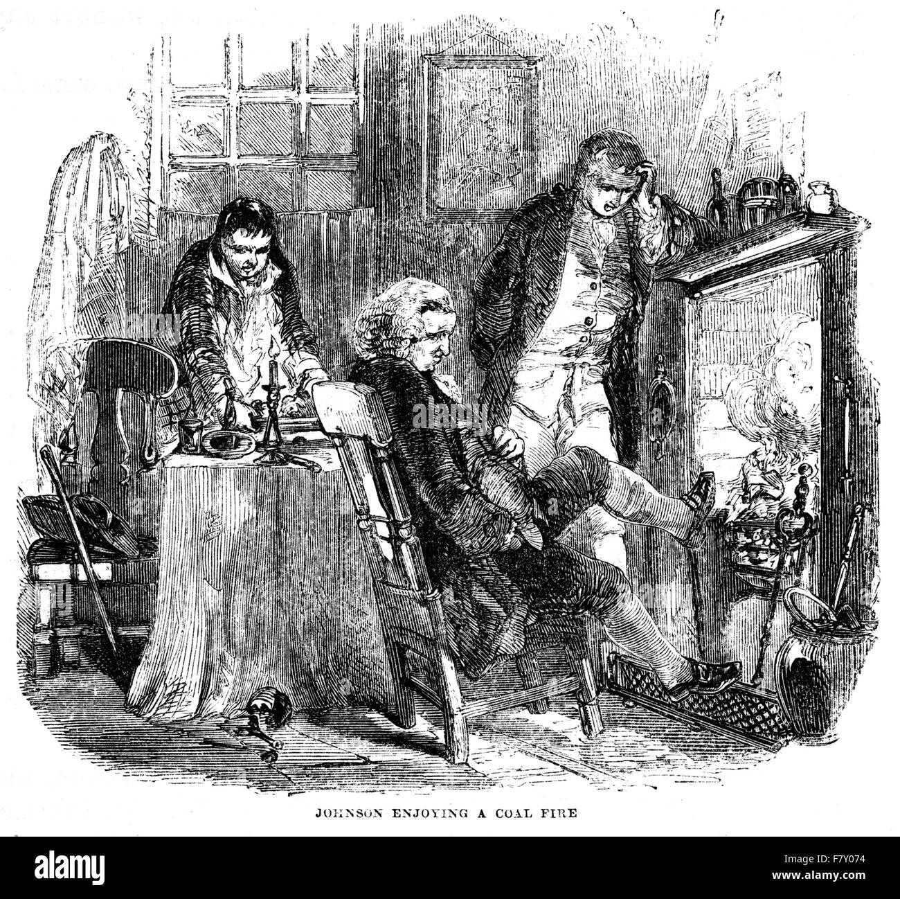 Un'incisione del dottor Johnson godendo di un fuoco di carbone scansionato ad alta risoluzione da un libro stampato nel 1852. A Glasgow. Creduto libero da copyright. Foto Stock