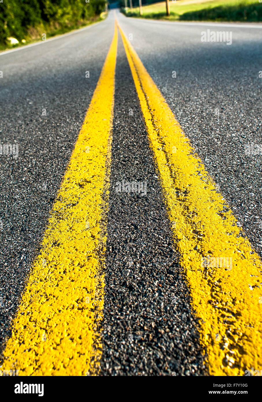 Una doppia linea gialla sulla strada di un paese che sfumano in lontananza. Foto Stock