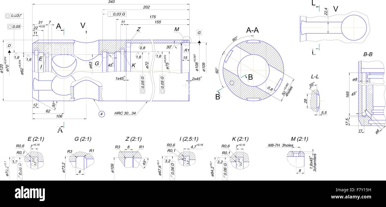 Disegno tecnico di attrezzature industriali Illustrazione Vettoriale