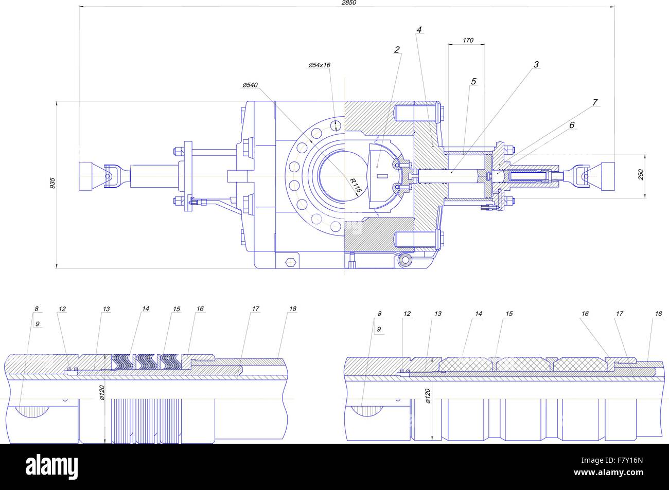 Disegno tecnico di attrezzature industriali Illustrazione Vettoriale