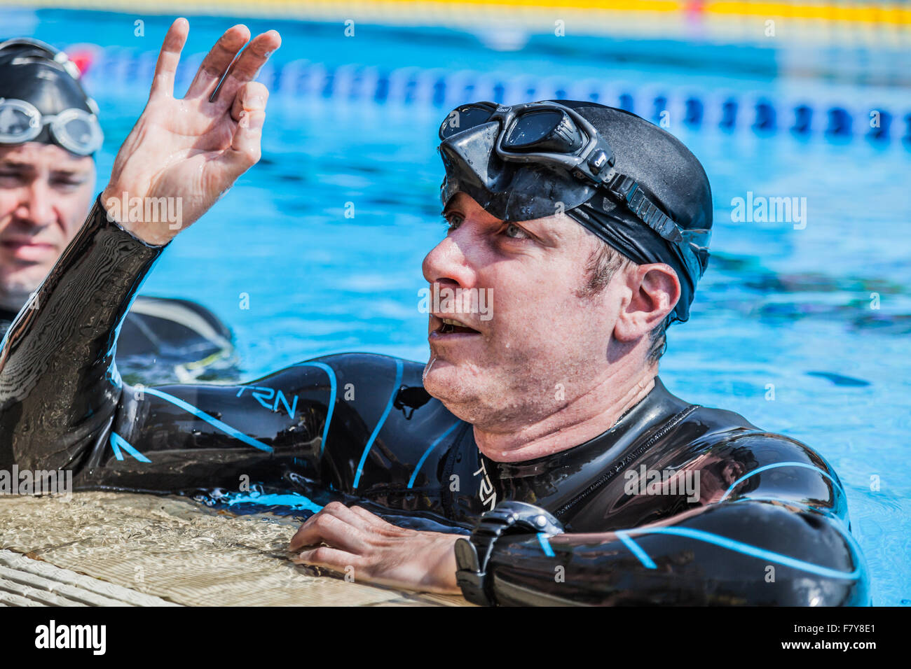 Montreal, Canada - 30 maggio 2015. Gazzetta AIDA Freediving piscina competizione si svolge nel complesso acquatico 50m Olympic Poo Foto Stock
