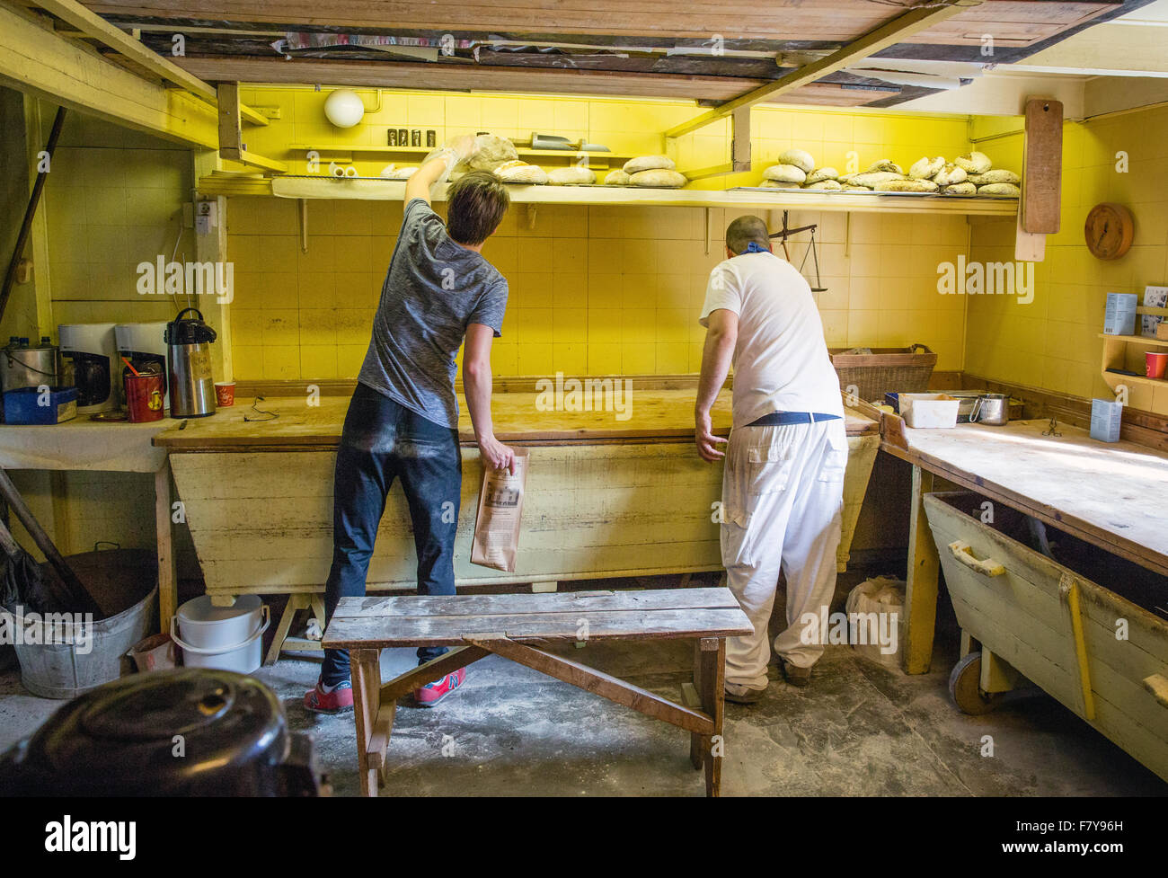 Baker al lavoro rendendo allevati nella panificazione artigianale di ' ' in occidentali Isole Lofoten in Norvegia Foto Stock
