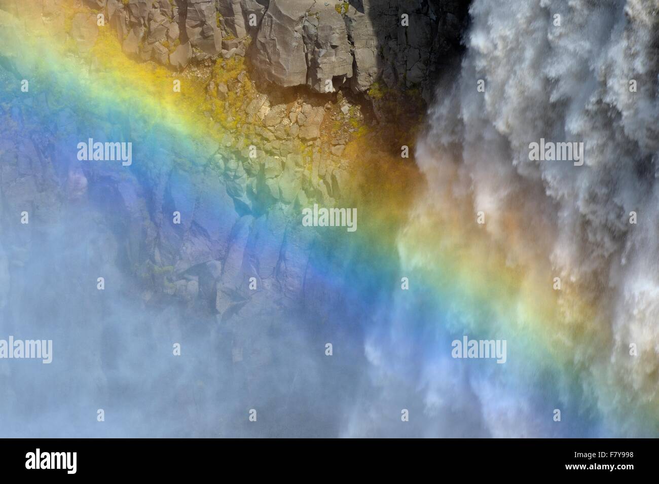 Cascata di Dettifoss, rainbow, dettaglio, Islanda Foto Stock