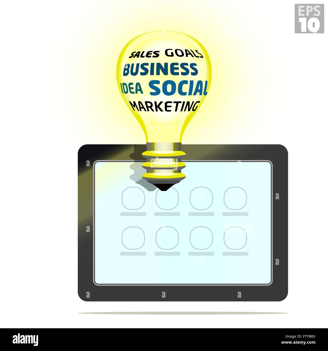 Nuova applicazione, business idea per un tablet PC o dispositivo mobile basato su social media e descrivere gli obiettivi imprenditoriali. Illustrazione Vettoriale