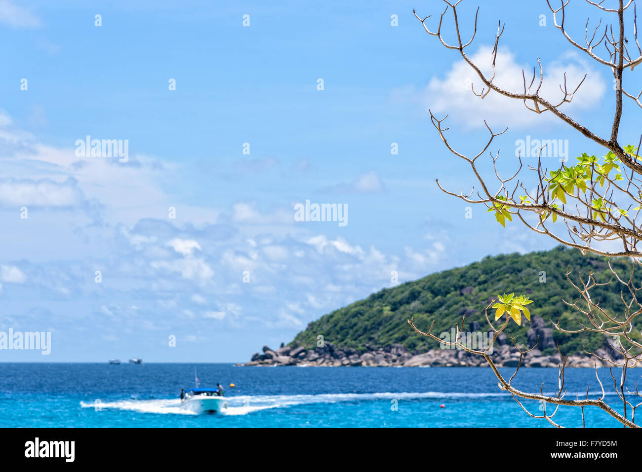 Lo splendido paesaggio di mare azzurro e barca veloce prendendo i turisti in viaggio a Koh Miang isola sotto il cielo estivo di background Foto Stock