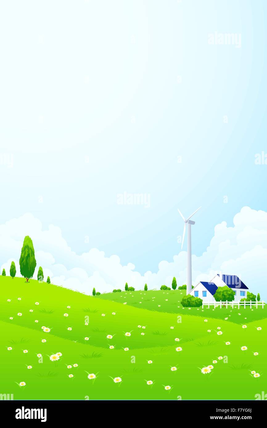 Paesaggio con casa e Wind Power Station Illustrazione Vettoriale