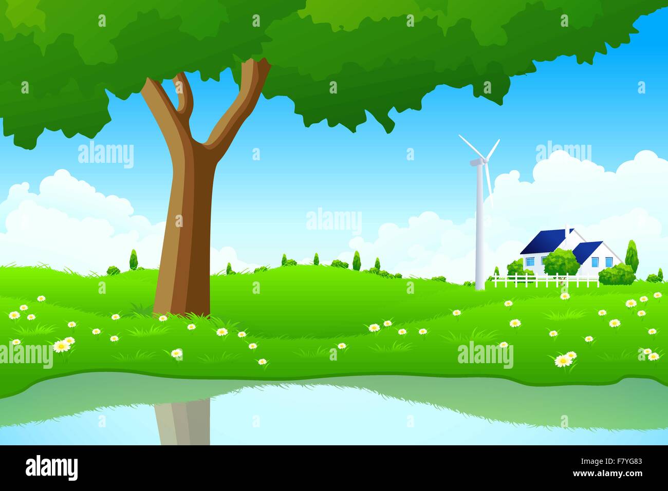 Paesaggio verde con Tree Wind Power Station e casa Illustrazione Vettoriale