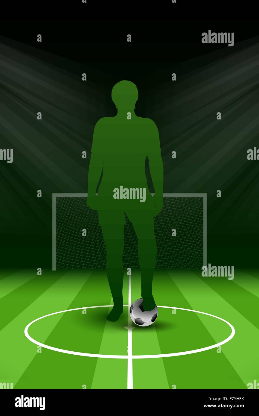 Soccer poster con il giocatore e la sfera sulla graticola, elemento per desi Illustrazione Vettoriale