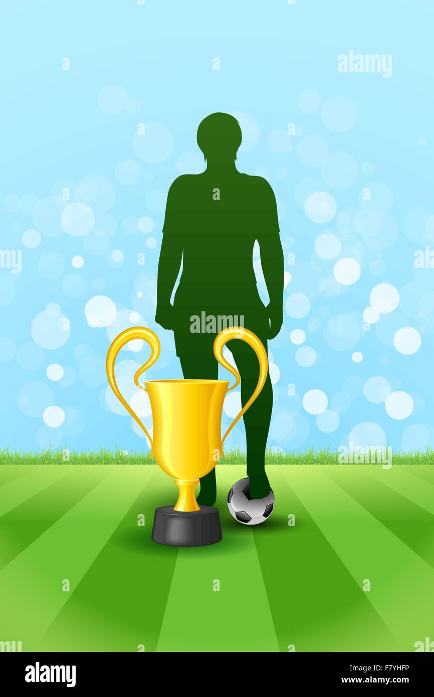 Soccer Poster con vincitore capitano di una squadra con la coppa e la sfera, ve Illustrazione Vettoriale