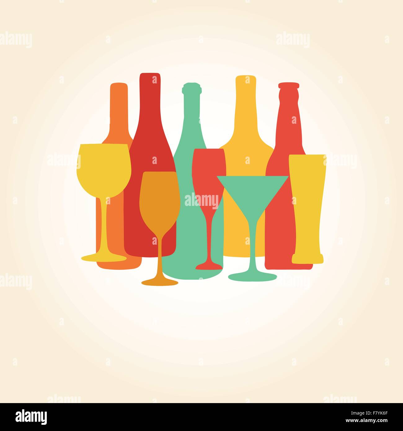 Bottiglie di alcolici e bicchieri pattern. Birra, champagne, vino , altre bevande design. Illustrazione Vettoriale