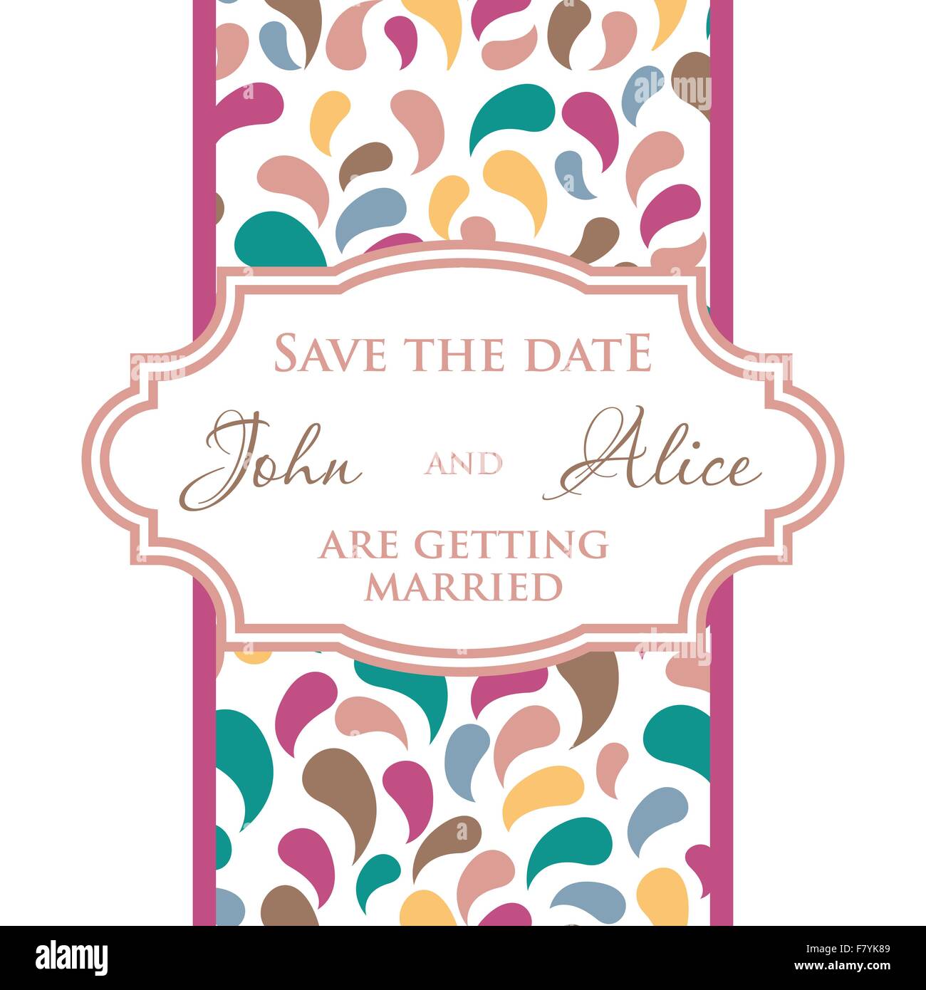 Invito a nozze card design con gocce multicolori , elementi floreali. Illustrazione Vettoriale