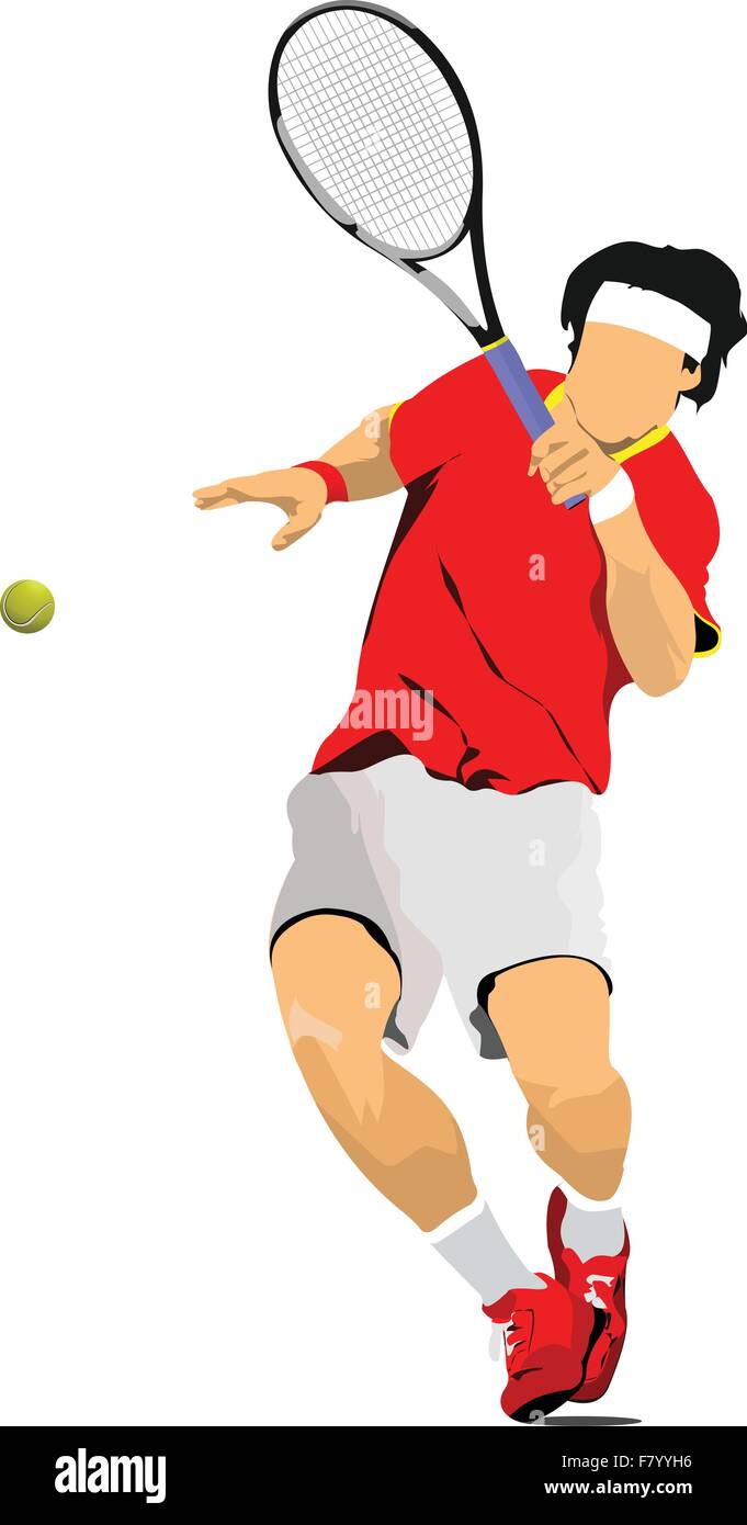 L'uomo giocatore di tennis in T-shirt rossa. Colorata illustrazione vettoriale fo Illustrazione Vettoriale