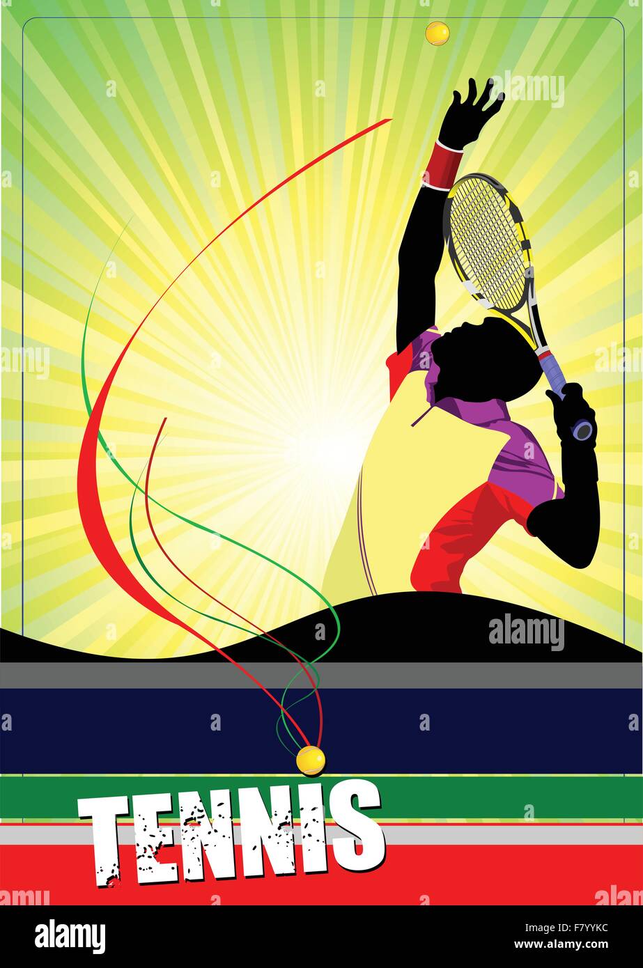 L'uomo giocatore di tennis poster. Colorata illustrazione vettoriale per la progettazione Illustrazione Vettoriale
