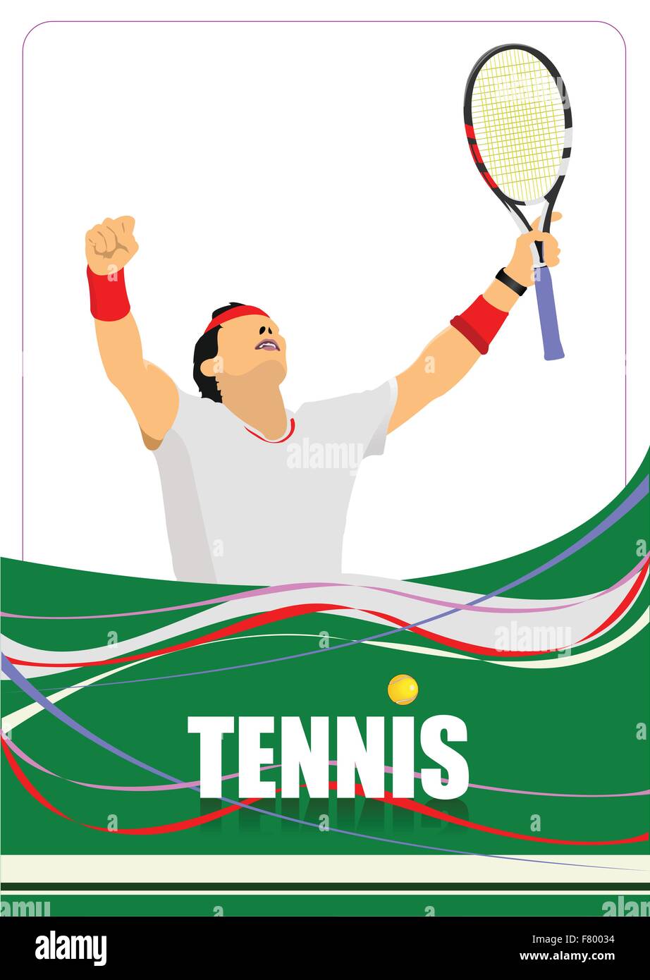 L'uomo giocatore di tennis poster. Colorata illustrazione vettoriale per la progettazione Illustrazione Vettoriale