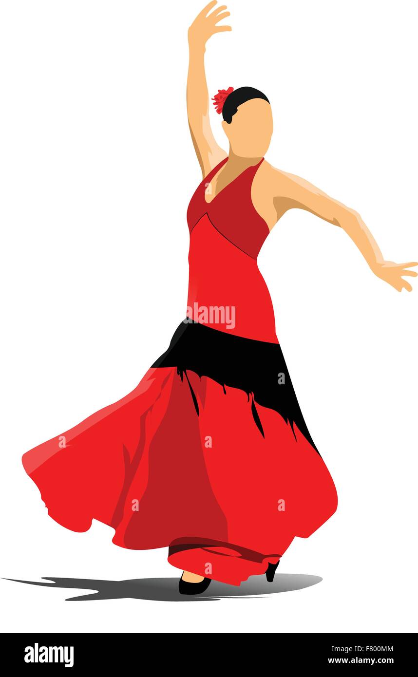 Bella giovane donna ballare Flamenco isolato su bianco. Vettore Illustrazione Vettoriale