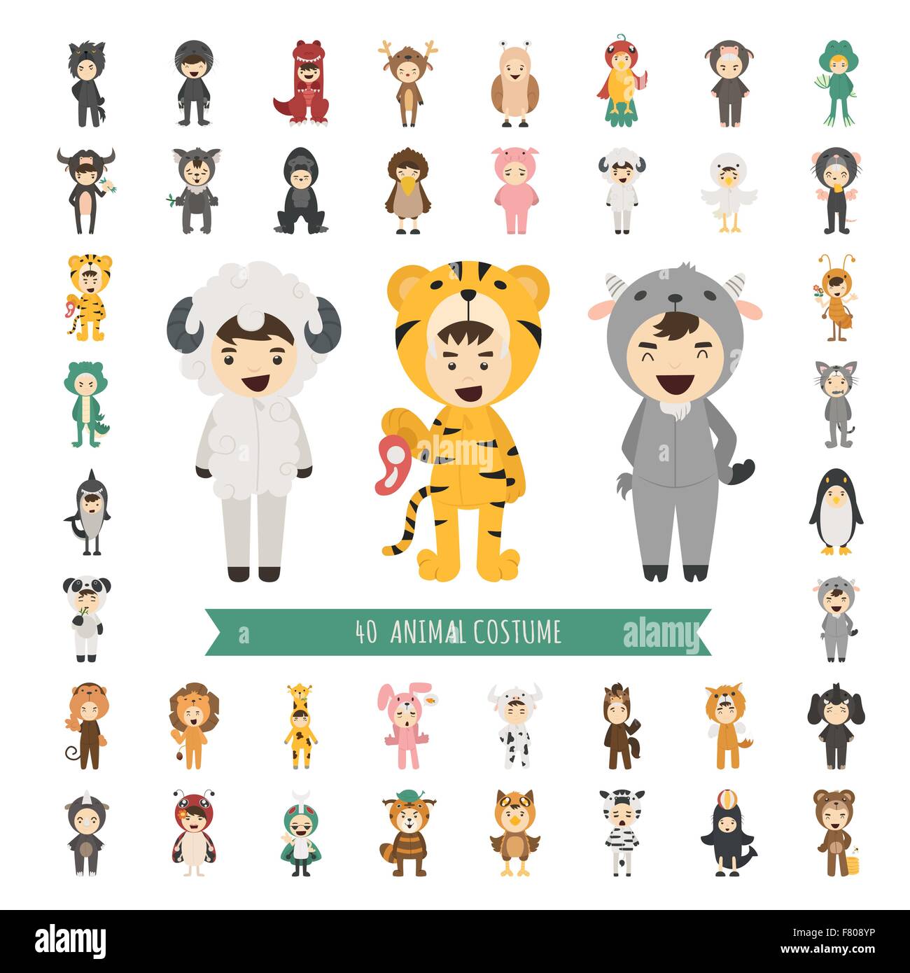 Set di 40 animali personaggi in costume Illustrazione Vettoriale