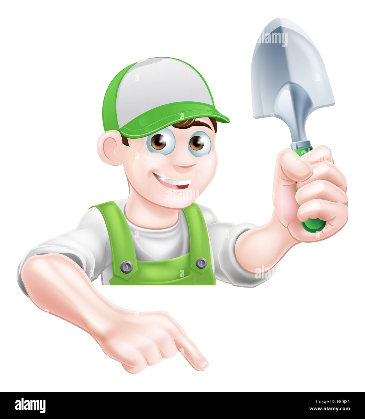 Un cartoon giardiniere carattere in un cappuccio e salopette da verde tenendo un giardino cazzuola attrezzo e con la punta rivolta verso il basso Foto Stock